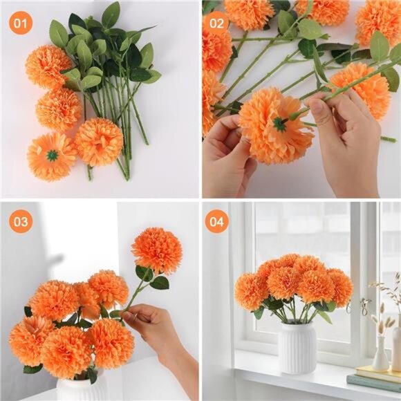 12Pcs Artificial Chrysanthemums Flowers Ball Flower,Orange Fake Mums Silk Flower - Picture 5 of 8
